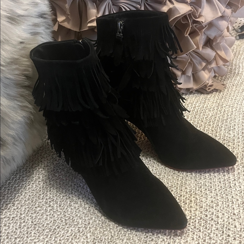 Black Suede Woman’s Pointed Toe Fringe Red Sole Stiletto Heel Ankle Booties - Picture 13 of 16